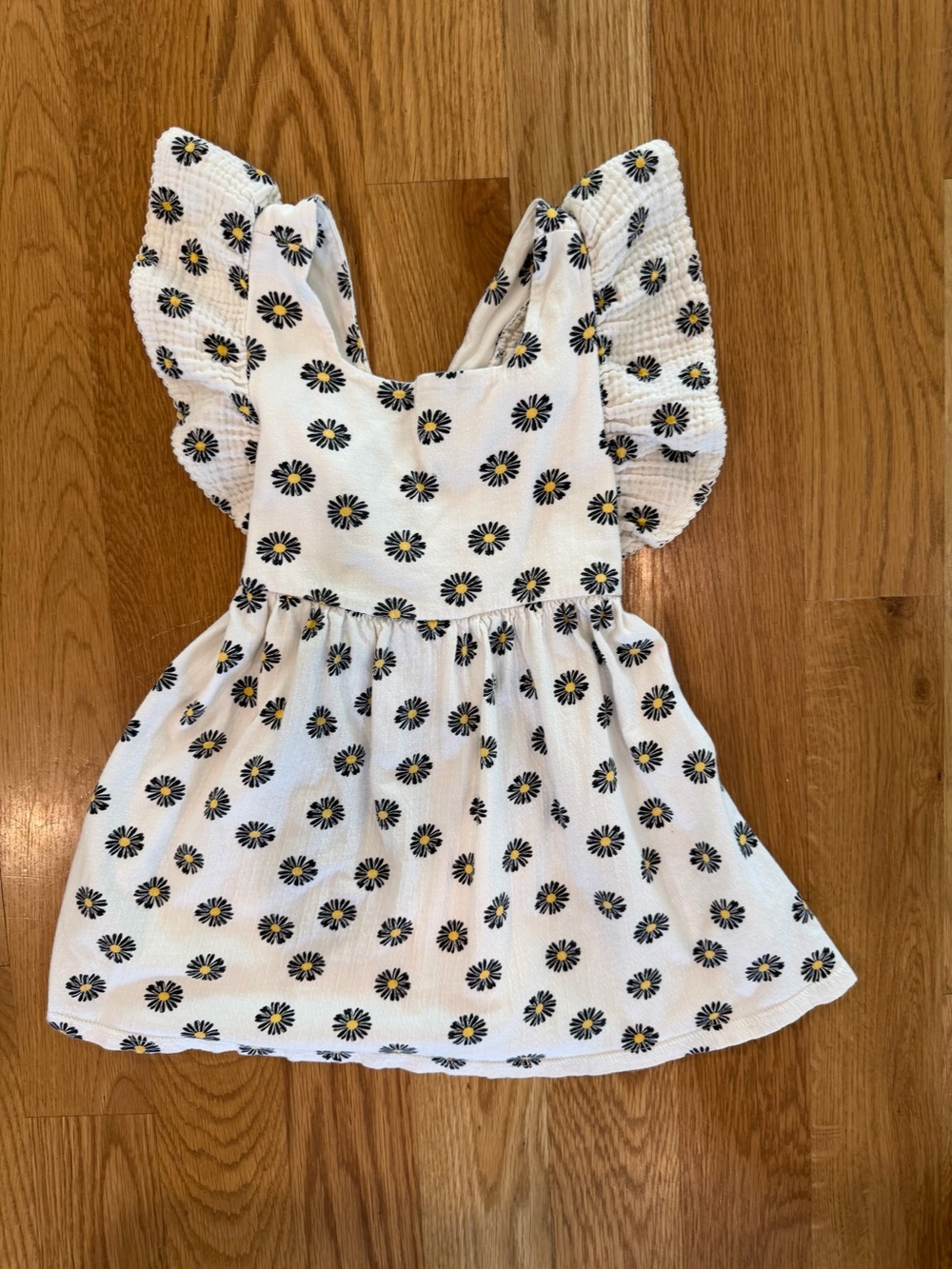 Zara Off-White Sundress with Black and Yellow Daisy Print